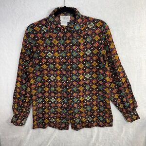 Vintage‎ Tess M Button Up Top 100% Silk Maximalist Artsy Geometric Abstract 90s